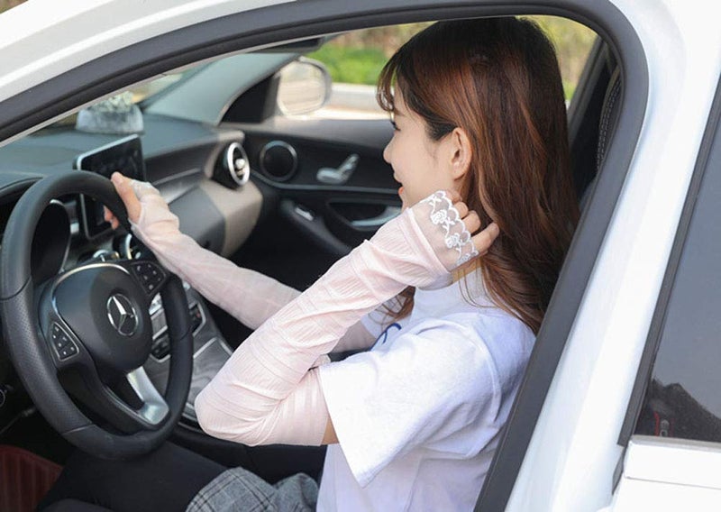 Suoirblss 2 Pairs Sunblock Arm Sleeves Fashion Lace UV Sun Protection Long Sleeve Fingerless Glove for Women's Ladies Driving Outdoor Sports (Gray) - Image 2